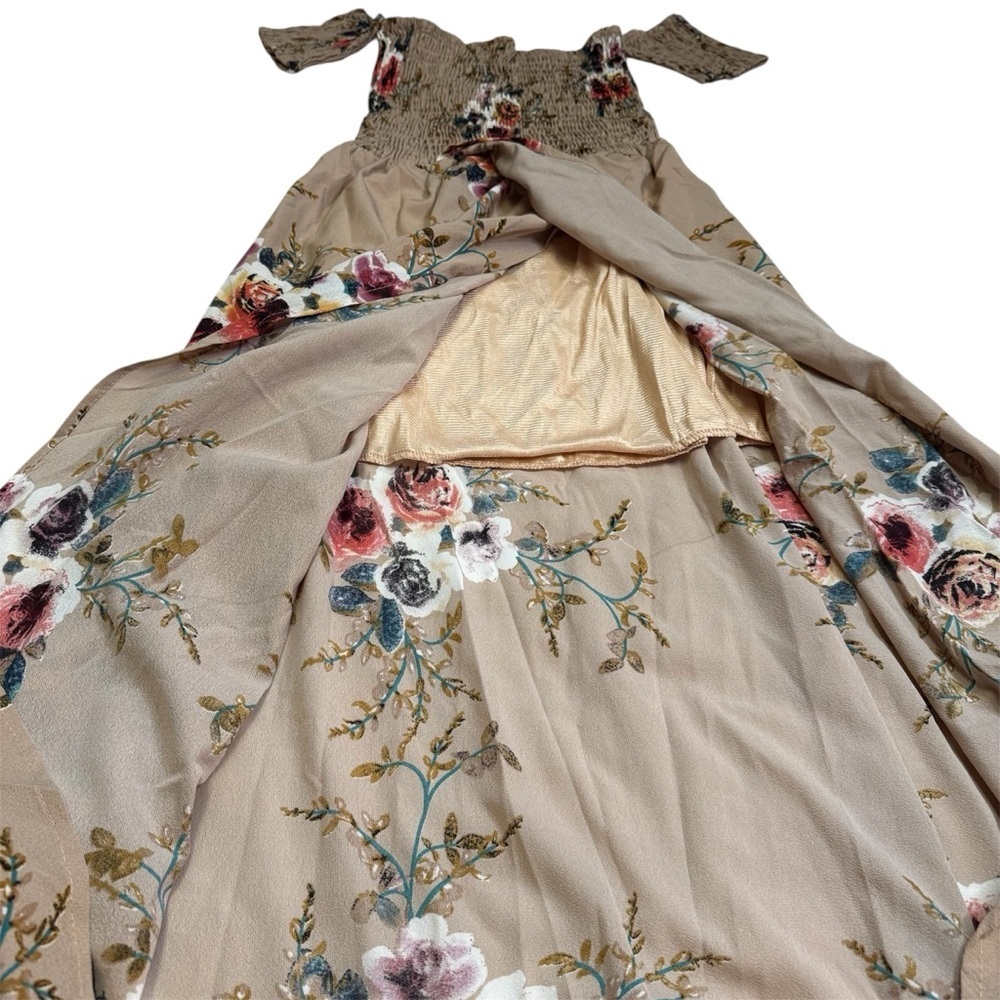 Floral On Off-Shoulder Boho Chiffon Maxi Dress Size S Tan Slit Split Front NWOT - Picture 7 of 12